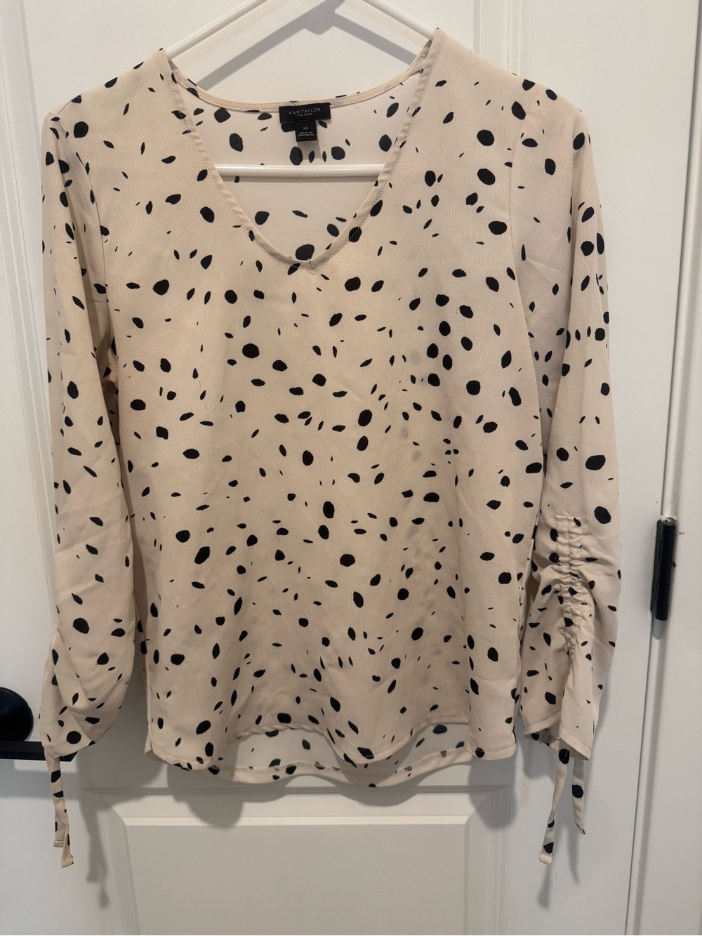 Ann Taylor Polka Dot V-Neck Long Sleeve Blouse - Beige/Black